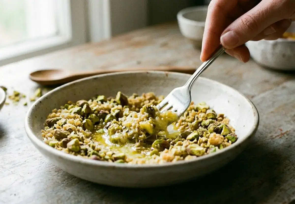 Pistachio Crusted Salmon the Keg Recipe:Step 4: Make the crust.

Mix the chopped pistachios, panko, and melted butter. Stir well so the butter coats the nuts. This helps the crust turn golden as it bakes.