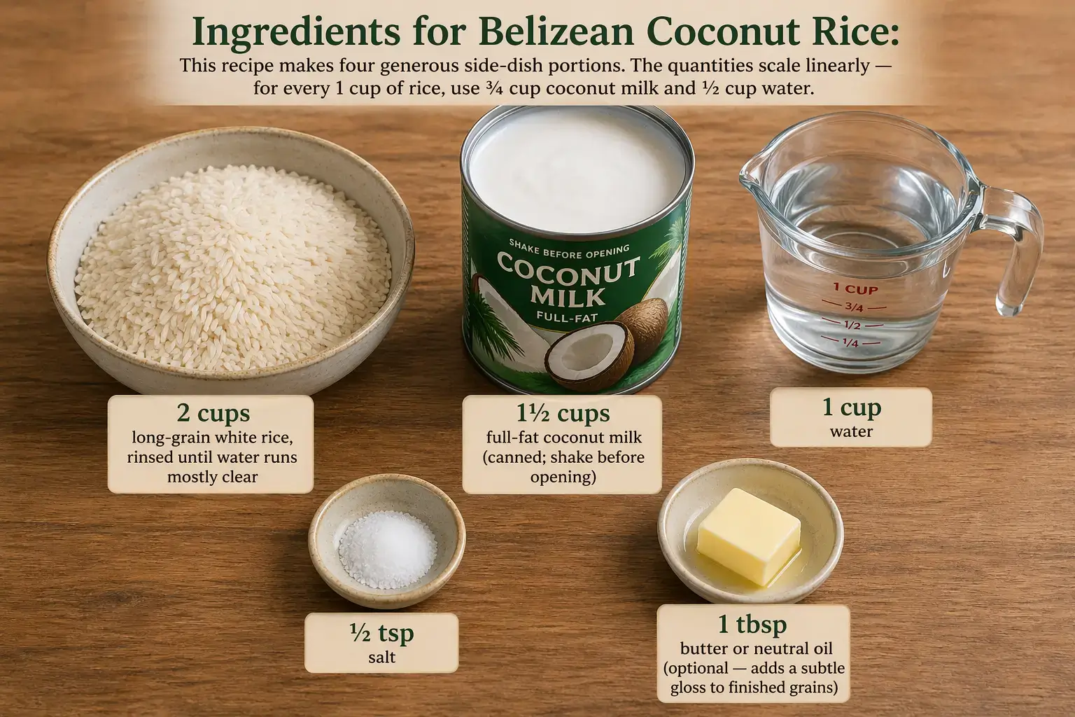 Belizean Coconut Rice Recipe: Authentic, Creamy, and Fluffy (The Real Method) 2 Ingredients for Belizean Coconut Rice:
This recipe makes four generous side-dish portions. The quantities scale linearly — for every 1 cup of rice, use ¾ cup coconut milk and ½ cup water.