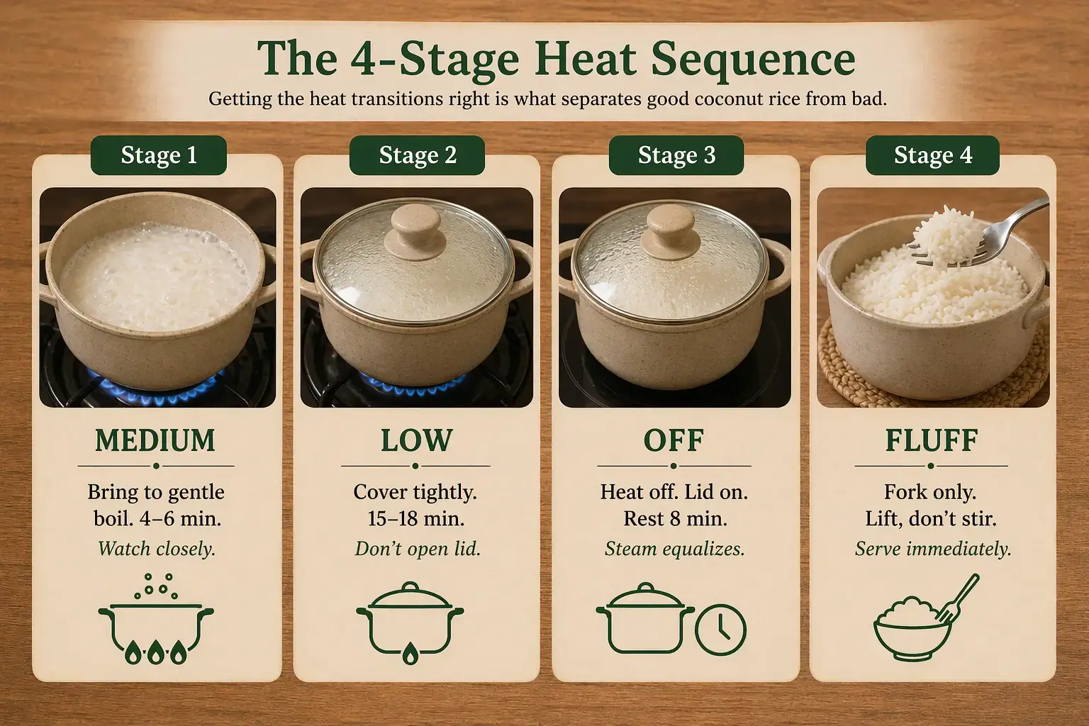 Belizean Coconut Rice Recipe: Authentic, Creamy, and Fluffy (The Real Method) 3 Coconut Rice Recipe:
Infographic: The 4-stage heat sequence — medium boil → low steam → off and rest → fluff. Each stage does a specific job.