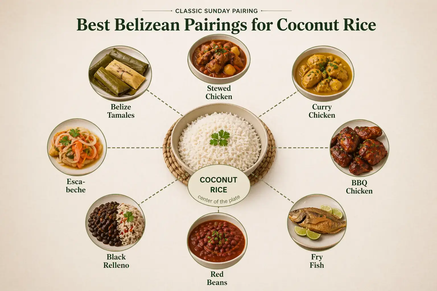 Belizean Coconut Rice Recipe: Authentic, Creamy, and Fluffy (The Real Method) 5 What to Serve With Belizean Coconut Rice:
Coconut rice is a pairing dish — its mild creaminess and subtle sweetness exist to balance bolder, spicier, or more savory mains. Below are the most natural pairings from Belizean home cooking.
Infographic: Classic Belizean pairings for coconut rice. The rice is designed to balance, not dominate, whatever it's served alongside.