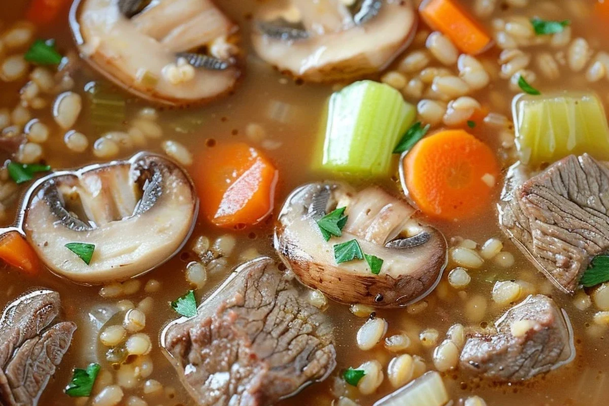 A steaming bowl of thick beef, barley, and mushroom soup garnished with fresh herbs on a wooden table.