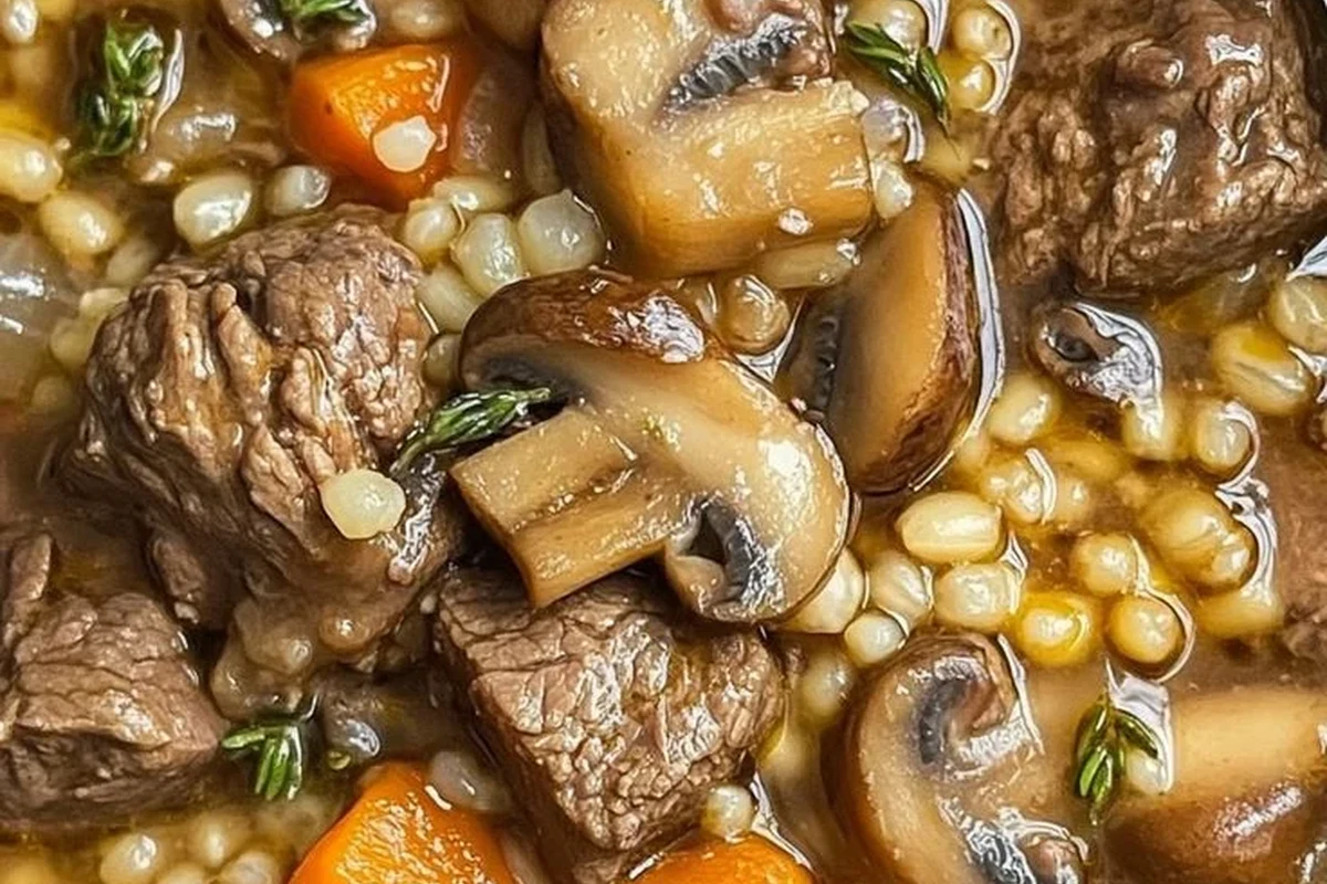 A steaming bowl of thick beef, barley, and mushroom soup garnished with fresh herbs on a wooden table.