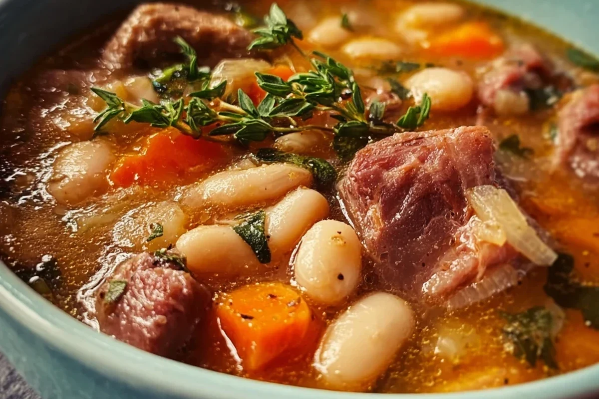 A steaming bowl of hearty Belizean beef and bean soup garnished with fresh cilantro in a rustic kitchen setting.