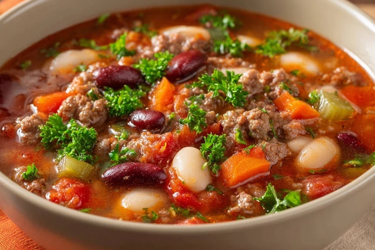 A steaming bowl of hearty Belizean beef and bean soup garnished with fresh cilantro in a rustic kitchen setting.