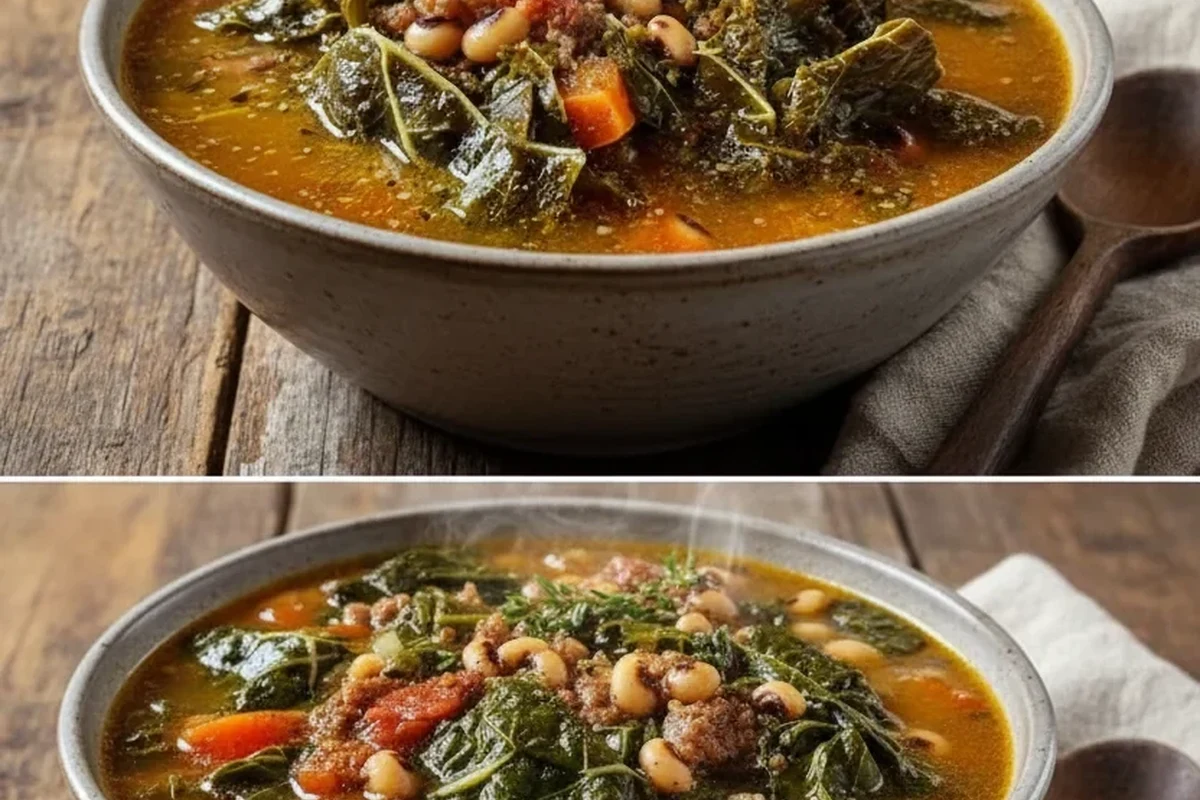 A steaming bowl of black eyed pea and collard green soup with fresh herbs on a rustic wooden table.