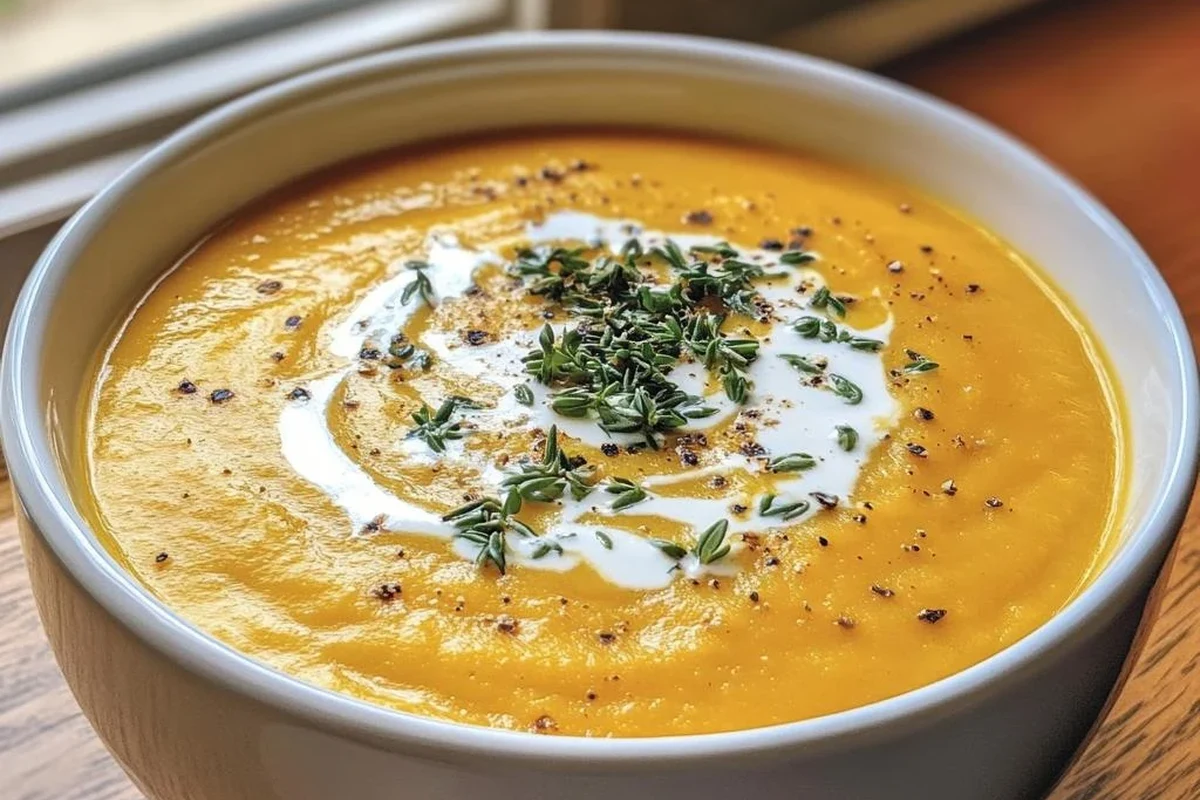 A bowl of creamy orange butternut squash leek soup topped with fresh herbs and a drizzle of olive oil.