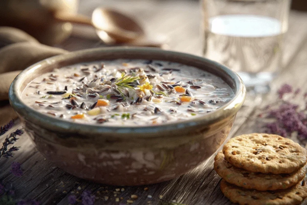 Byerlys Wild Rice Soup Recipe – Creamy Chicken Soup Copycat 1 A steaming bowl of creamy wild rice soup with chicken, carrots, and herbs, served in a rustic kitchen setting.
