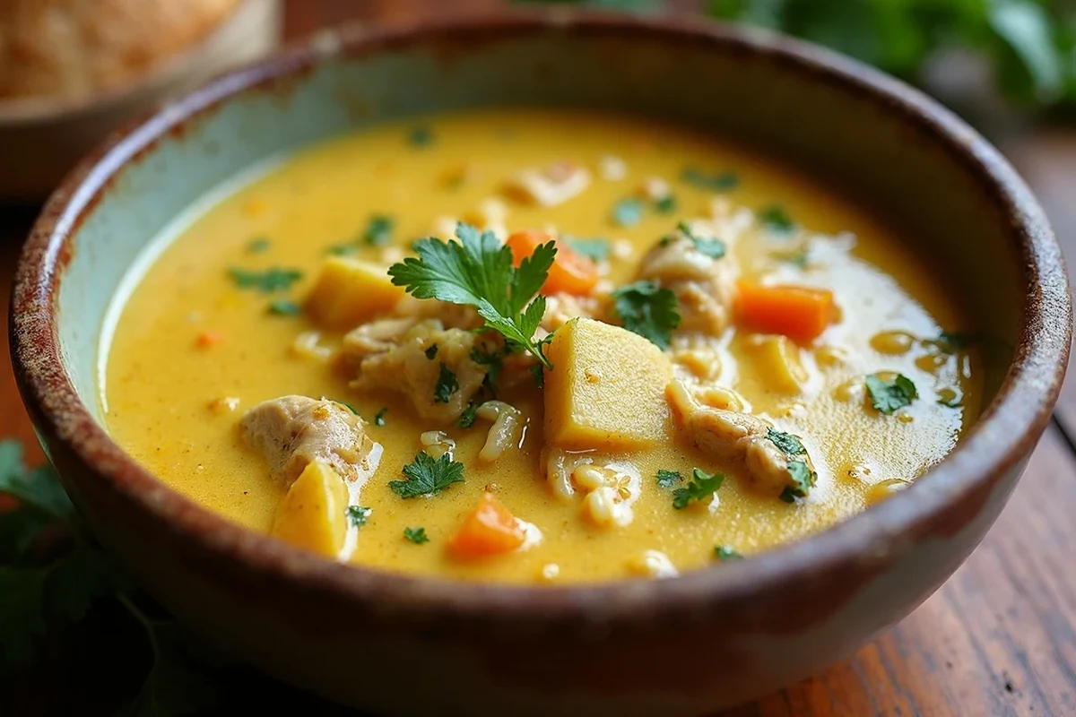 A steaming bowl of golden-colored chicken mulligatawny soup garnished with fresh cilantro and a lime wedge.