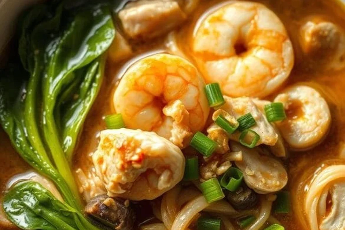 A steaming bowl of Chinese House Special Soup featuring shrimp, sliced pork, bok choy, and ginger in a clear broth.