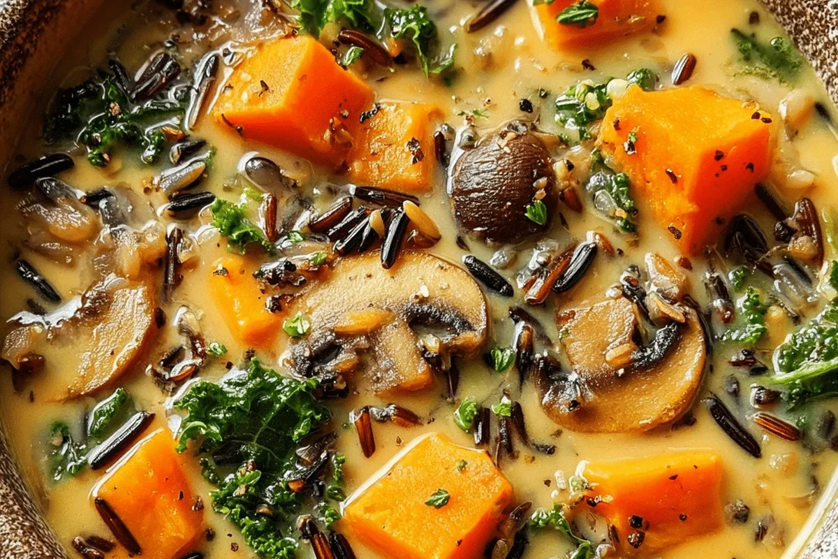 A steaming bowl of creamy autumn wild rice soup with carrots, mushrooms, and fresh herbs on a rustic wooden table.