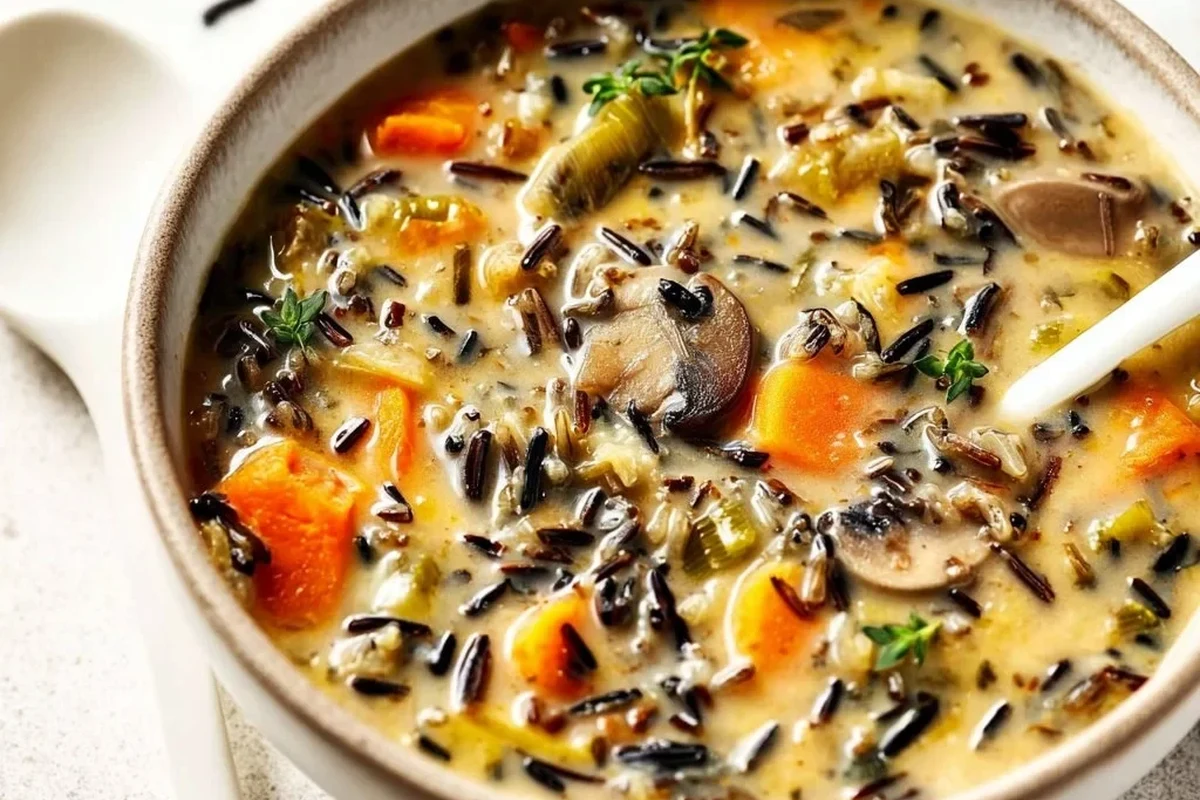 A steaming bowl of creamy autumn wild rice soup with carrots, mushrooms, and fresh herbs on a rustic wooden table.