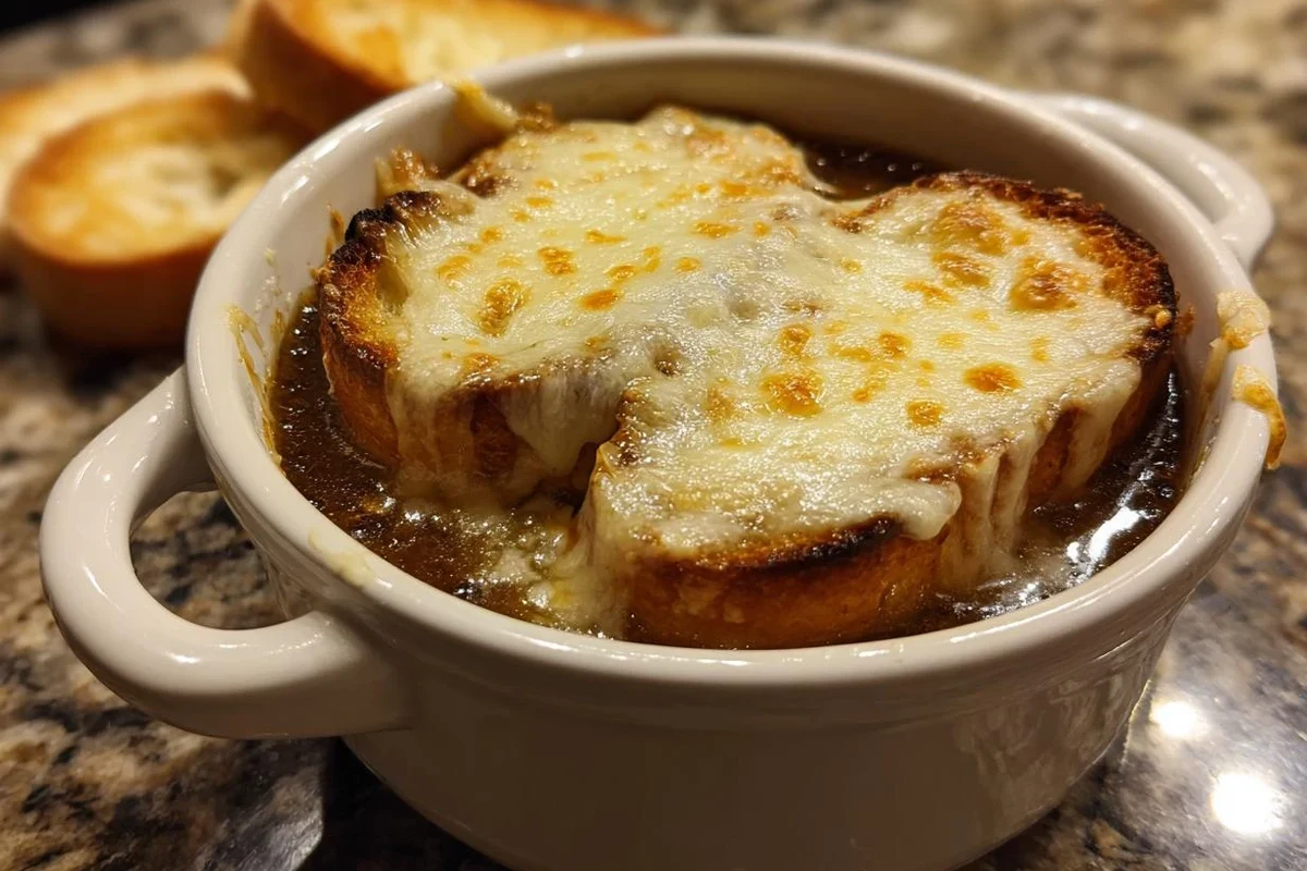 A steaming bowl of traditional French onion soup, or soupe à l’oignon, topped with a golden, melted Gruyère crust and a slice