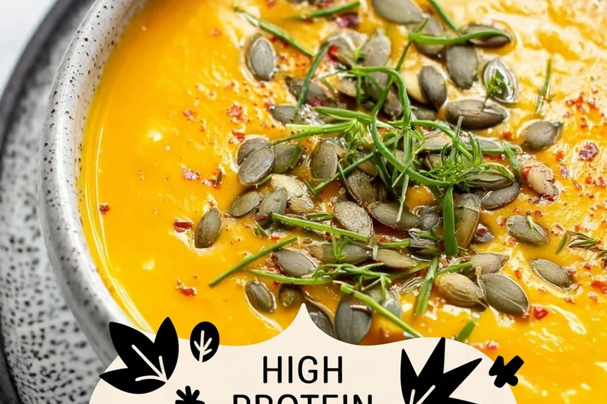 A bowl of velvety orange high protein butternut squash soup garnished with herbs and seeds.