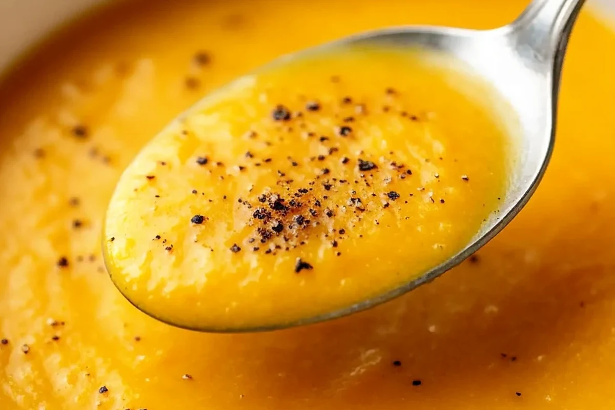 A bowl of velvety orange high protein butternut squash soup garnished with herbs and seeds.