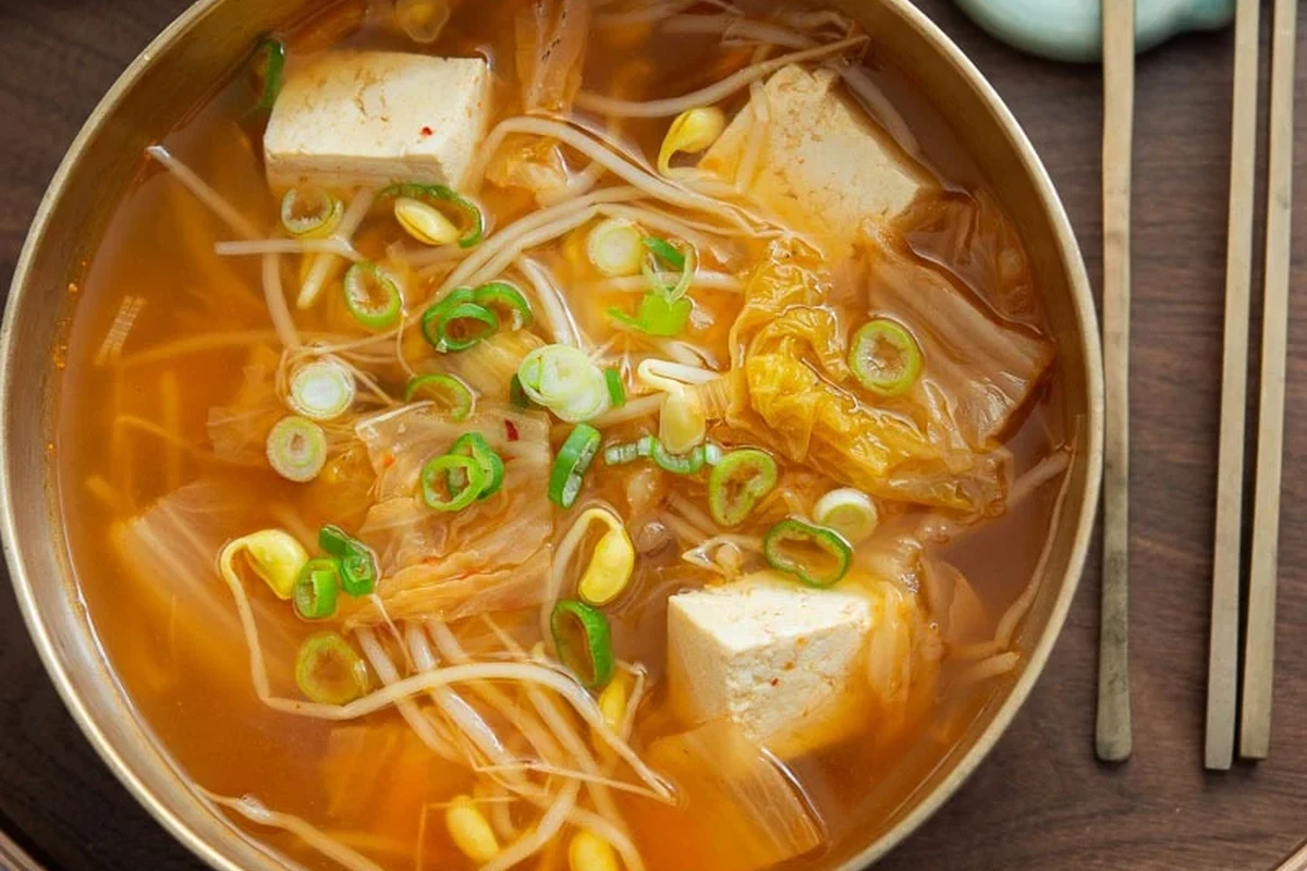 A steaming bowl of clear Korean bean sprout soup topped with chopped scallions and chili flakes.