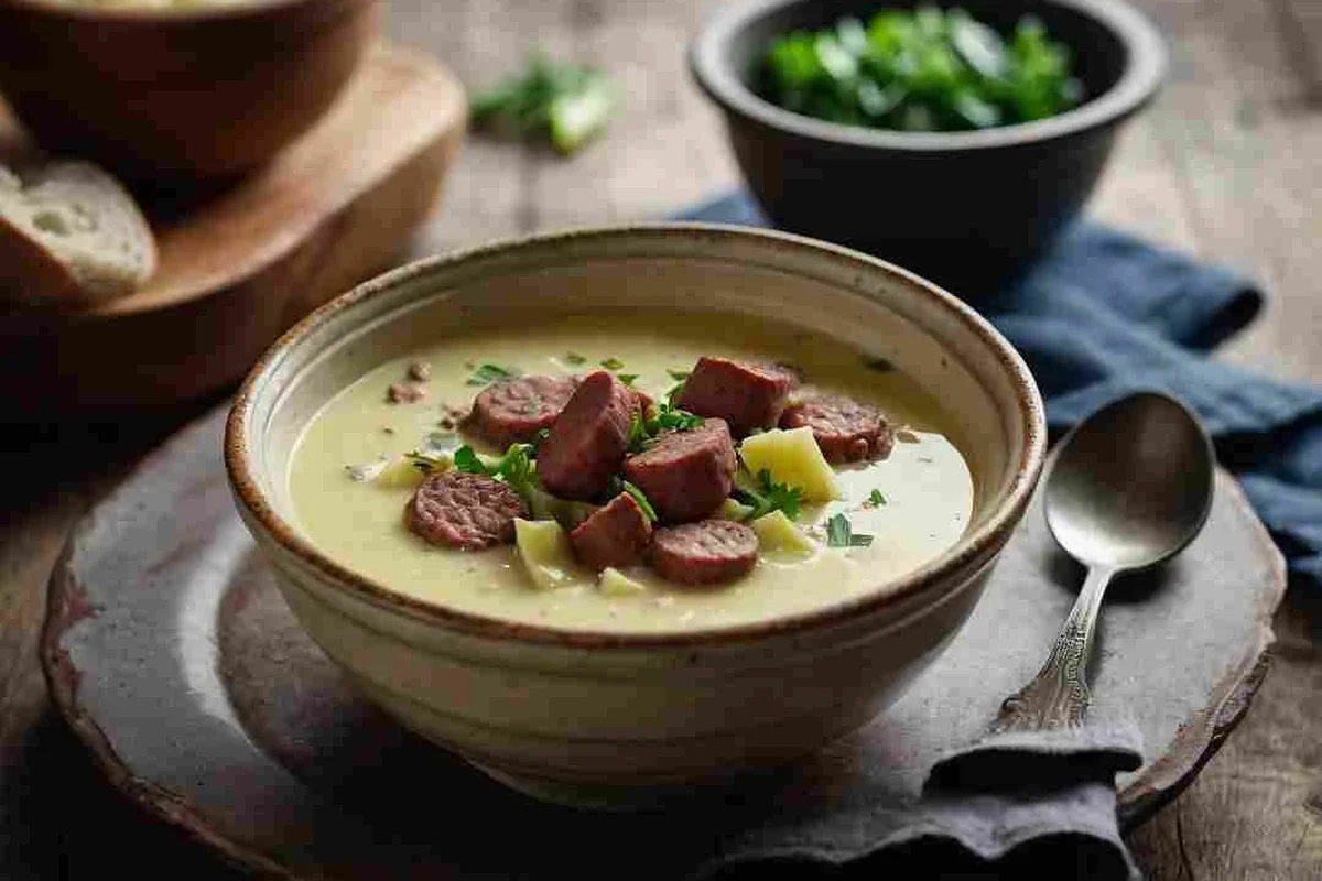 Leek Potato and Sausage Soup Recipe: Creamy, Hearty One-Pot Meal 2 A bowl of creamy leek, potato, and sausage soup garnished with fresh herbs.