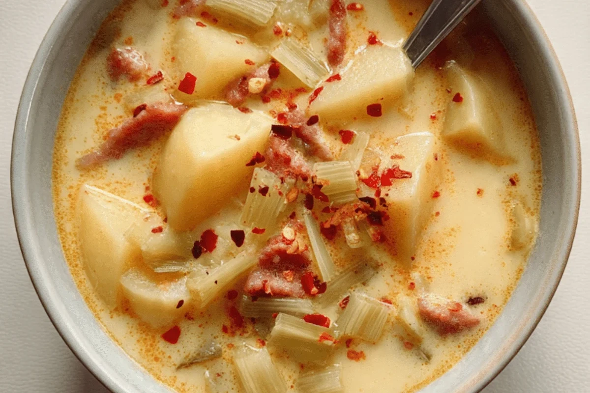 Leek Potato and Sausage Soup Recipe: Creamy, Hearty One-Pot Meal 3 A bowl of creamy leek, potato, and sausage soup garnished with fresh herbs.