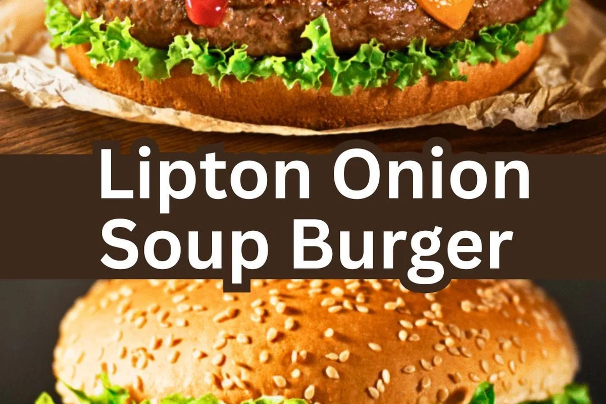 A juicy, grilled hamburger patty seasoned with onion soup mix, served on a toasted bun with fresh lettuce.