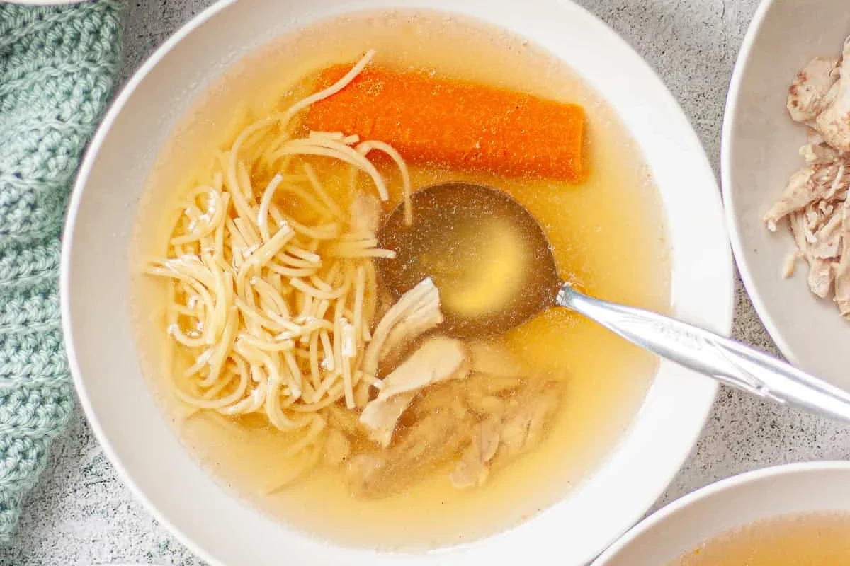 Low FODMAP Chicken Noodle Soup Recipe for Sensitive Stomachs 2 A steaming bowl of homemade chicken noodle soup with fresh herbs and carrots on a rustic wooden table.
