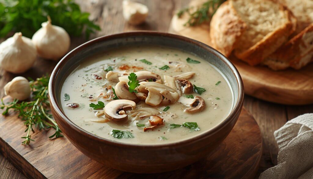 Low Sodium Mushroom Soup Creamy Homemade Comfort Food Without the Extra Salt 2 lucid origin A rustic bowl of creamy low sodium mushroom soup served on a wooden table with f 0