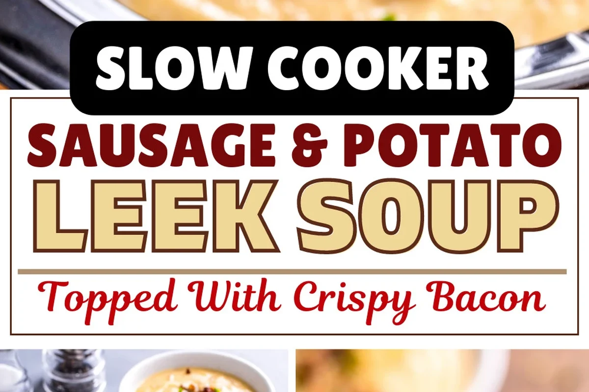 A steaming bowl of creamy potato leek soup with sliced browned sausage and fresh herbs on a rustic table.
