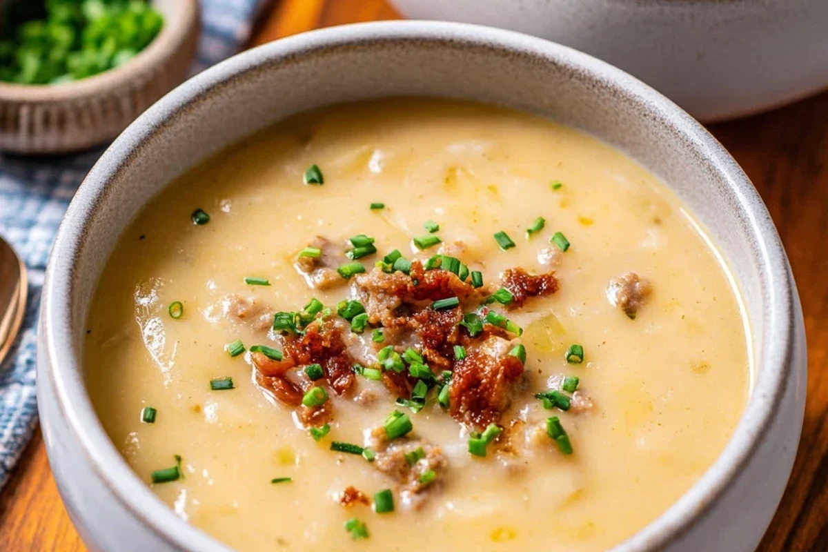 A rustic bowl of potato sausage leek soup topped with fresh herbs on a wooden table.