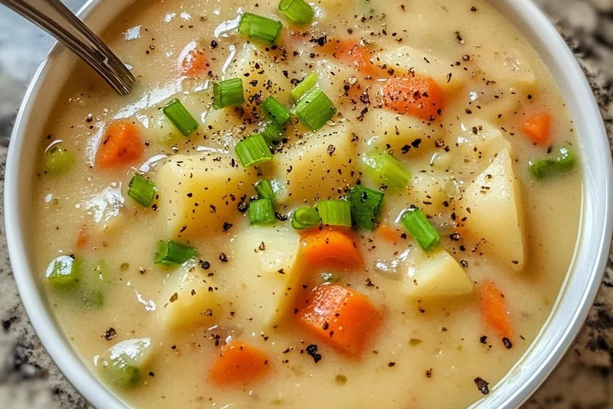 Potato Soup Mix: How to Make It Better + Storage & Cooking Tips (2026) 2 A steaming bowl of creamy potato soup garnished with fresh herbs, with a wooden spoon and rustic kitchen ingredients nearby.