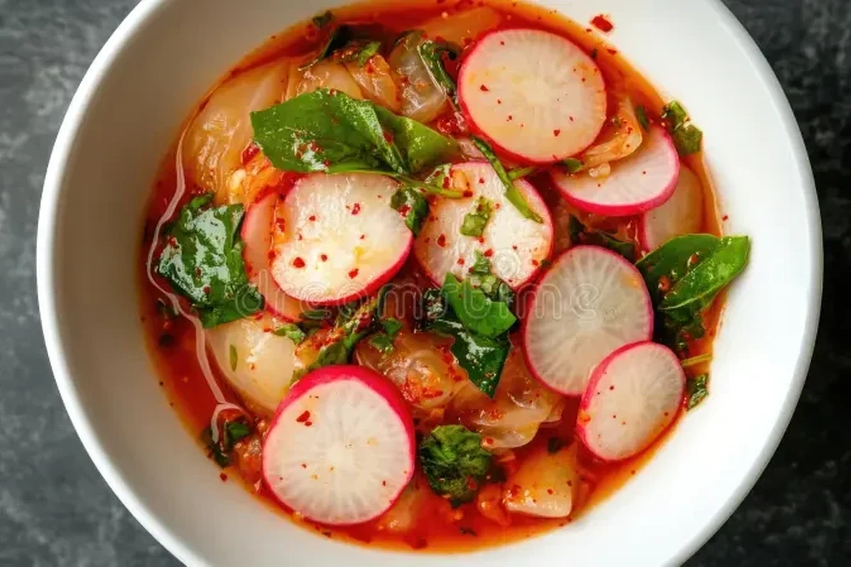 A steaming bowl of vegetable soup containing sliced, tender radishes and fresh herbs.