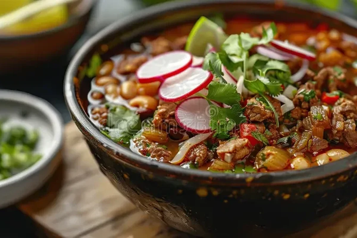 A steaming bowl of vegetable soup containing sliced, tender radishes and fresh herbs.