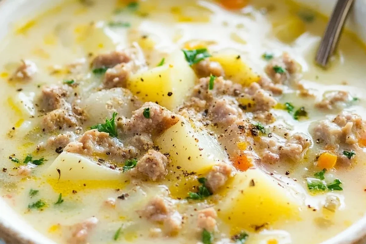 Sausage Potato Leek Soup Recipe (Easy, Creamy & Hearty One-Pot Meal) 3 A steaming bowl of creamy sausage, potato, and leek soup garnished with fresh herbs in a rustic kitchen setting.