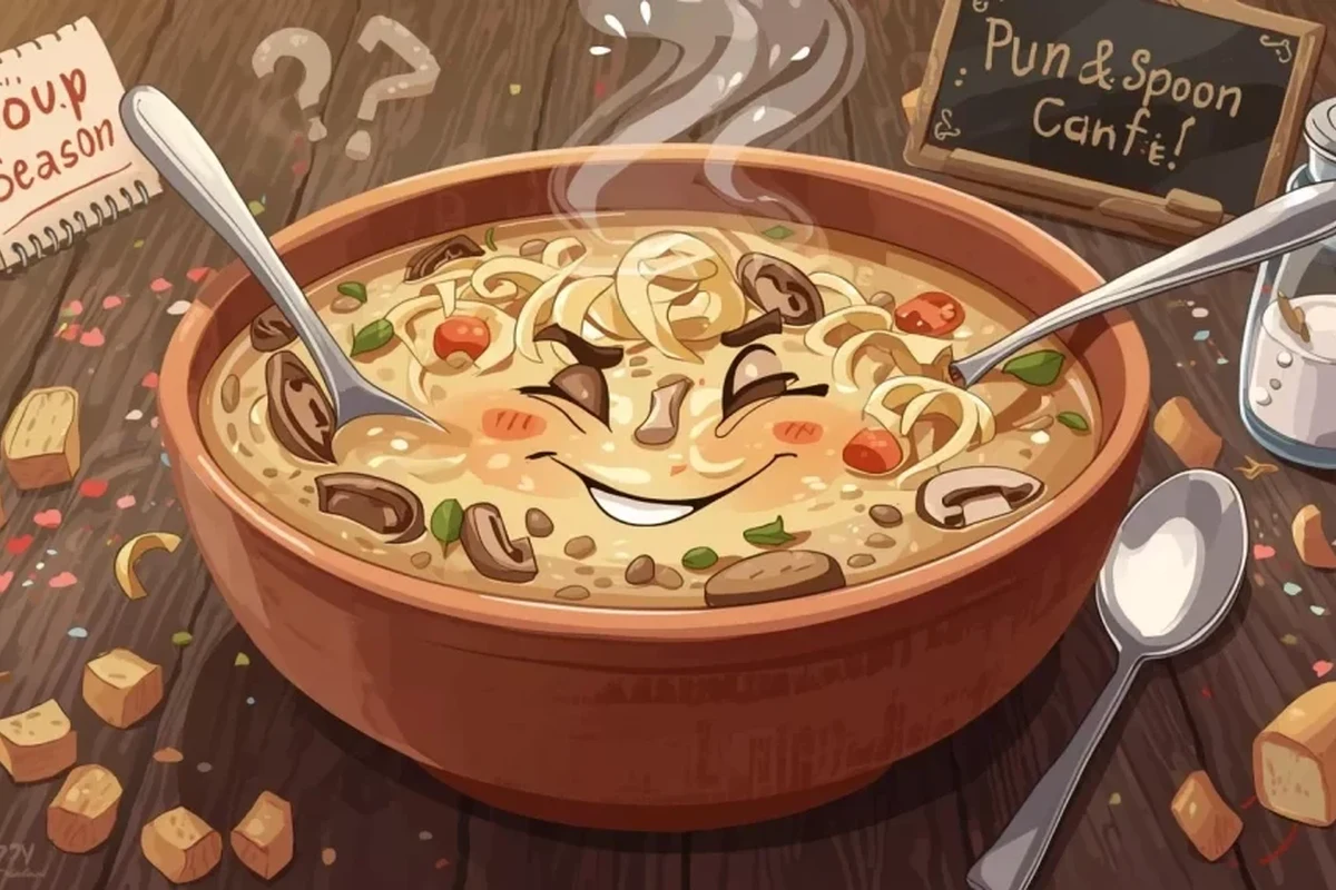 150+ Soup Puns: Funny Soup Jokes, Captions & Kitchen Humor Ideas 2 A steaming bowl of hearty vegetable soup with a wooden ladle, perfect for adding a touch of humor to a kitchen blog.