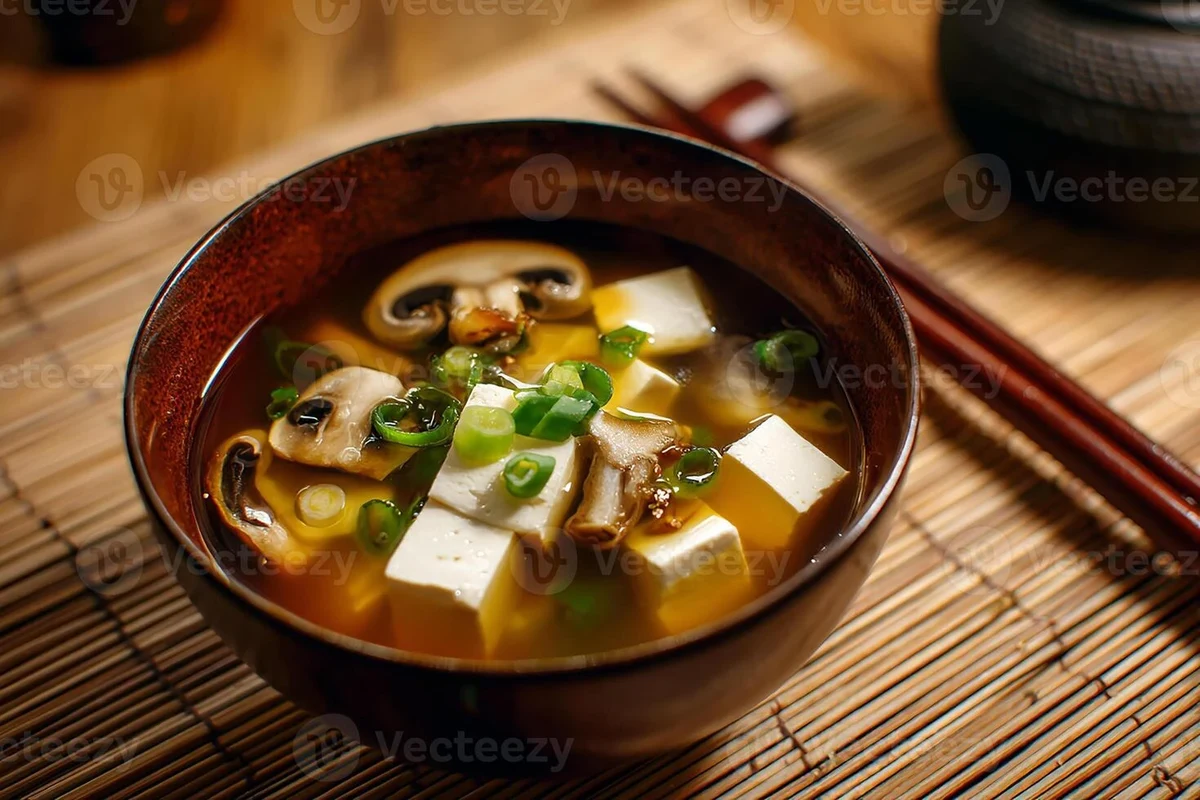 Japanese Soup Stock (Dashi): Authentic Recipe, Ingredients & Uses 3 A bowl of clear Japanese dashi stock with dried kombu and bonito flakes beside it on a wooden table.