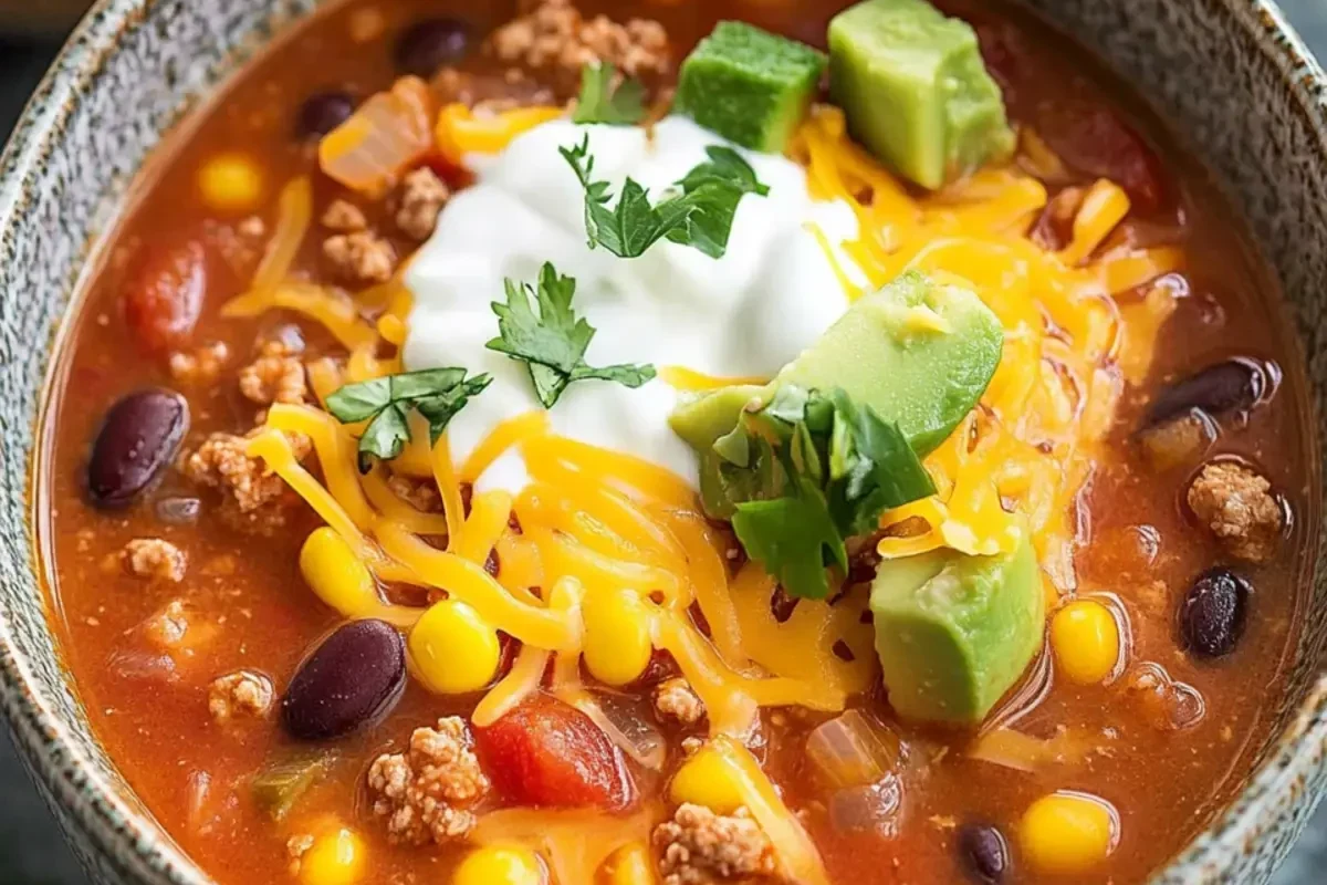 A steaming bowl of hearty taco soup topped with shredded cheese, cilantro, and avocado slices.