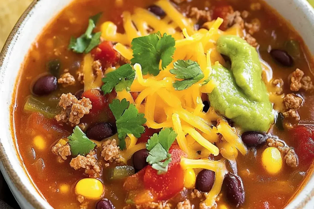 A steaming bowl of hearty taco soup topped with shredded cheese, cilantro, and avocado slices.