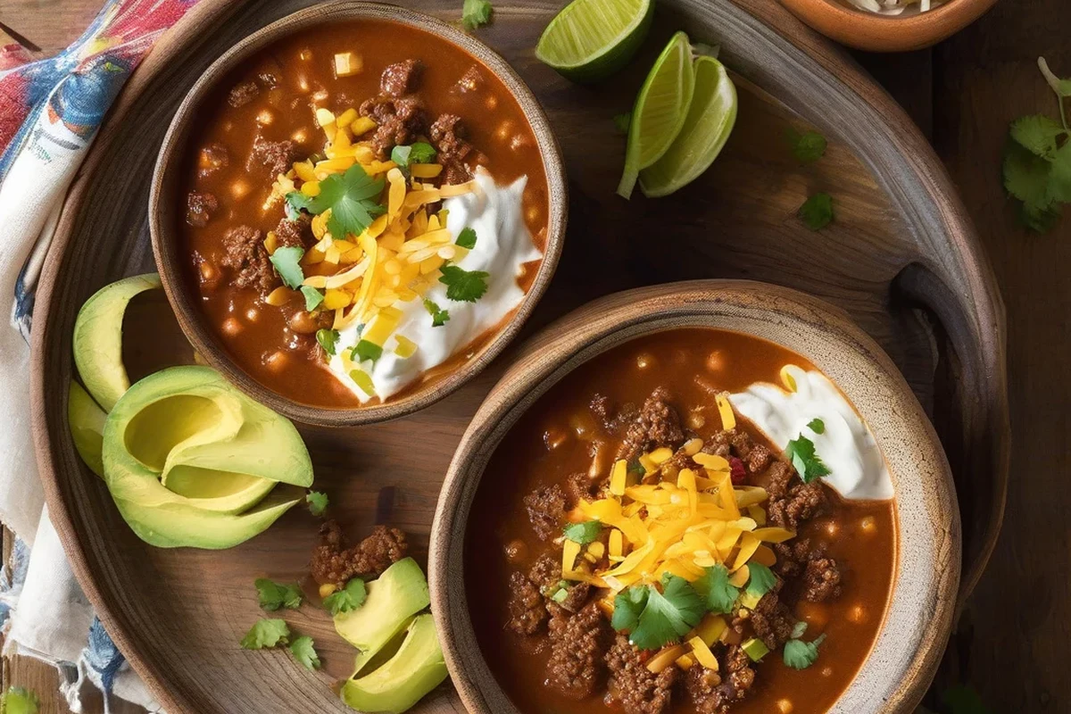 A steaming bowl of hearty taco soup topped with shredded cheese, cilantro, and avocado slices.