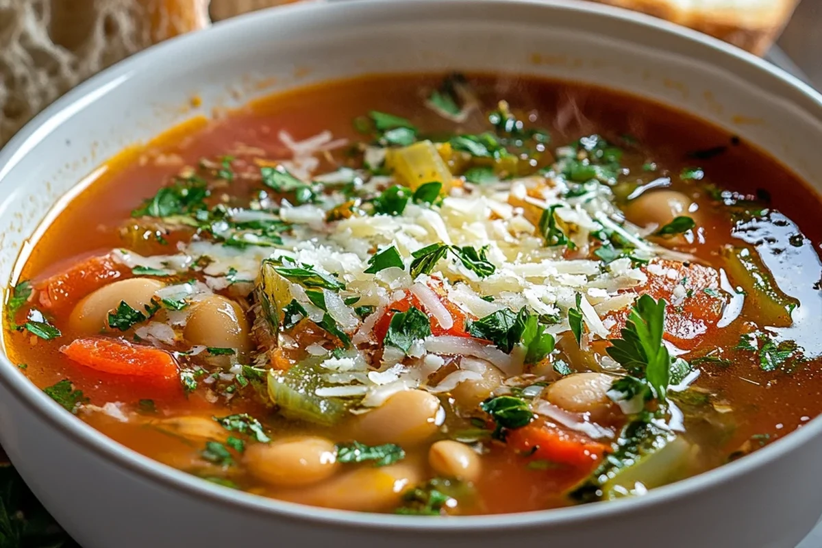 A steaming bowl of rustic Zuppa Del Giorno soup with fresh herbs in a home kitchen setting.
