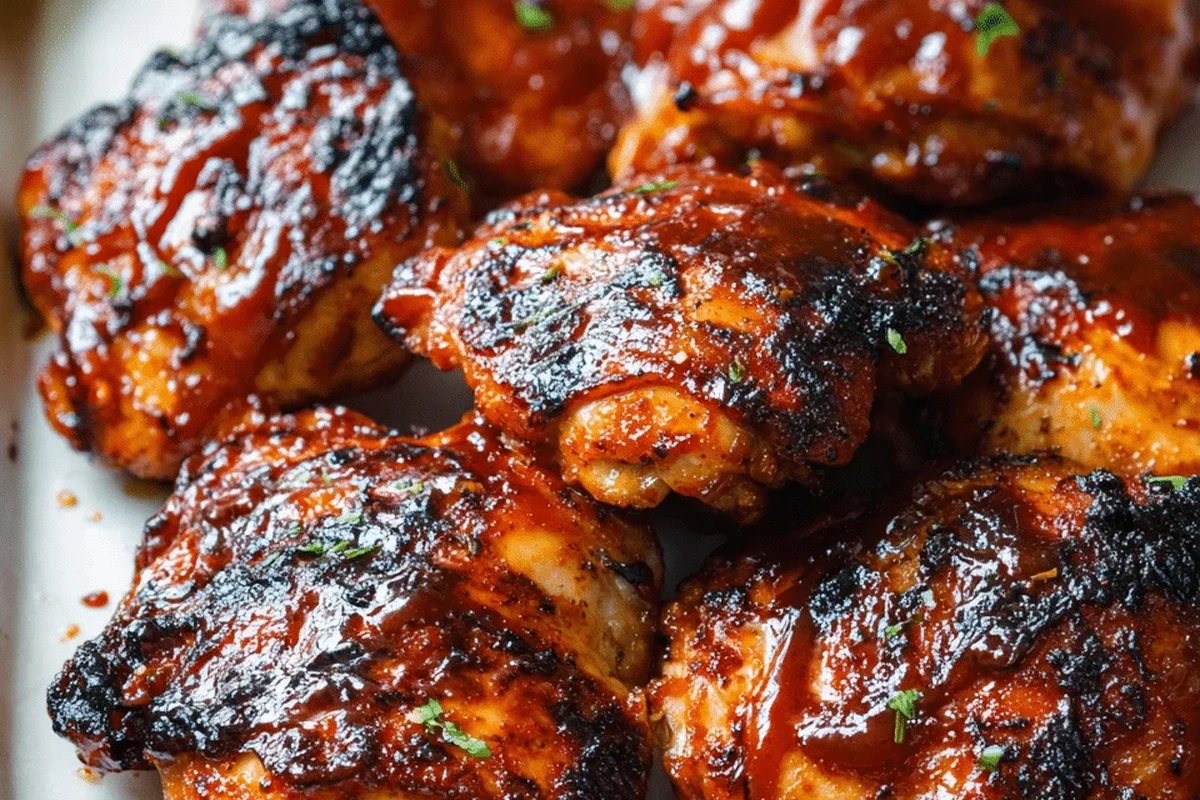 A platter of oven-baked BBQ chicken thighs with a sticky, caramelized glaze on a wire rack.