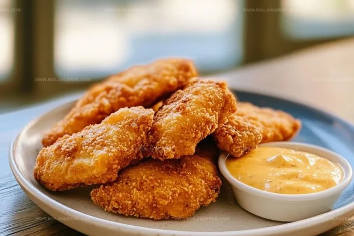 A pot of gently simmering chicken tenders with fresh herbs and aromatics in a bright kitchen setting.