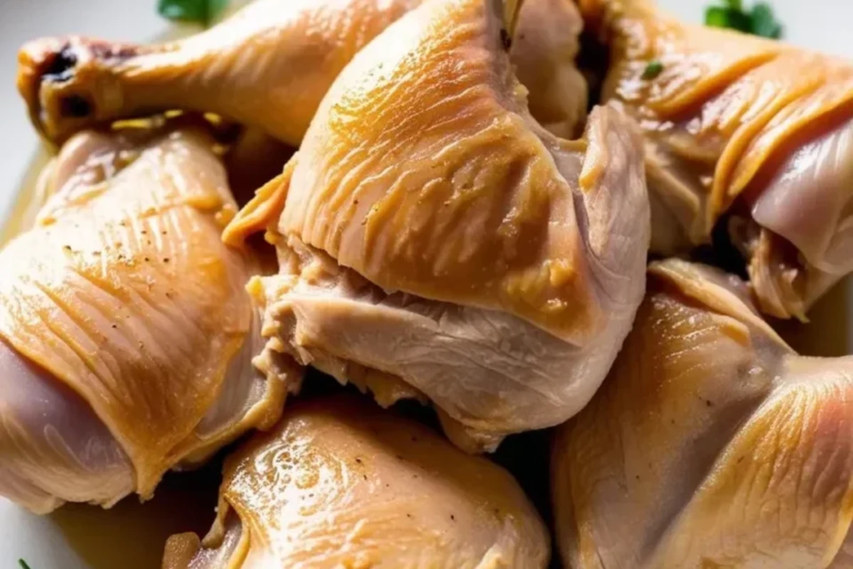 A pot of gently simmering chicken legs with fresh herbs and aromatics in a rustic kitchen setting.