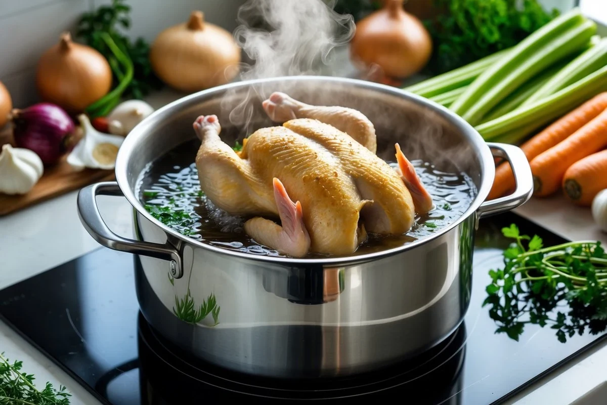A large pot of water on a stove with a whole chicken simmering alongside fresh aromatic vegetables.