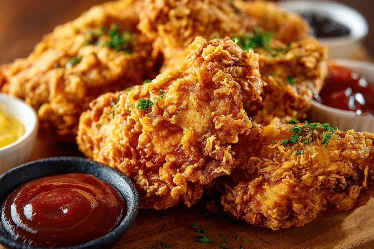 Golden brown pieces of crispy broasted chicken arranged on a wire rack in a home kitchen.