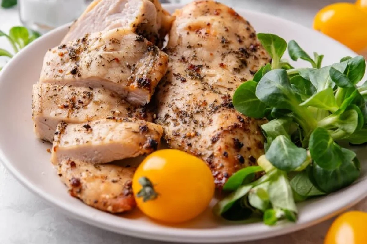 Broiled Chicken Breast 1 Golden-brown broiled chicken breast on a wire rack with fresh herbs and lime wedges.