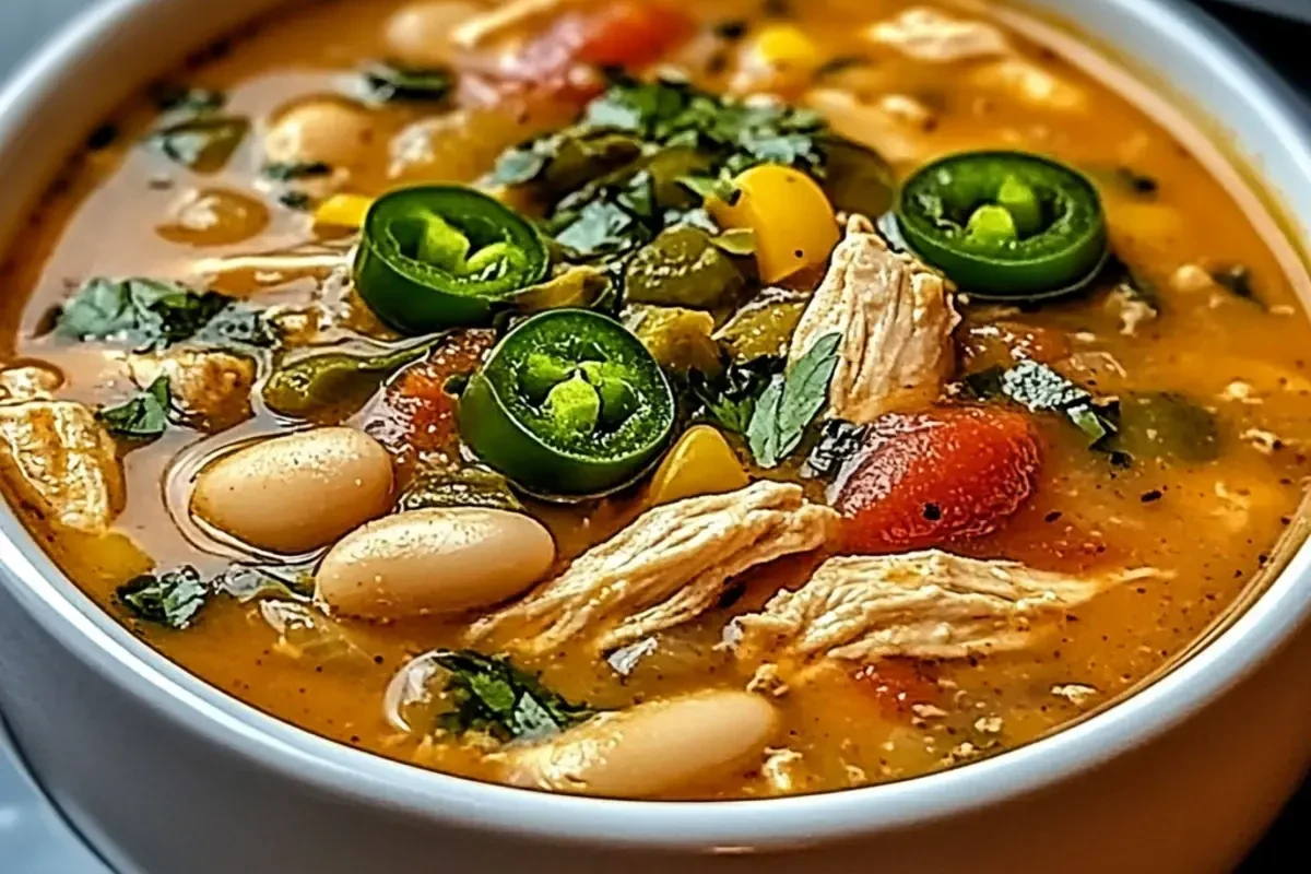 A bowl of creamy Cajun white chicken chili garnished with fresh cilantro and lime, served in a rustic kitchen setting.