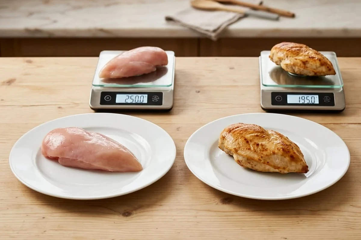 Raw chicken breasts being weighed on a kitchen scale before preparation.