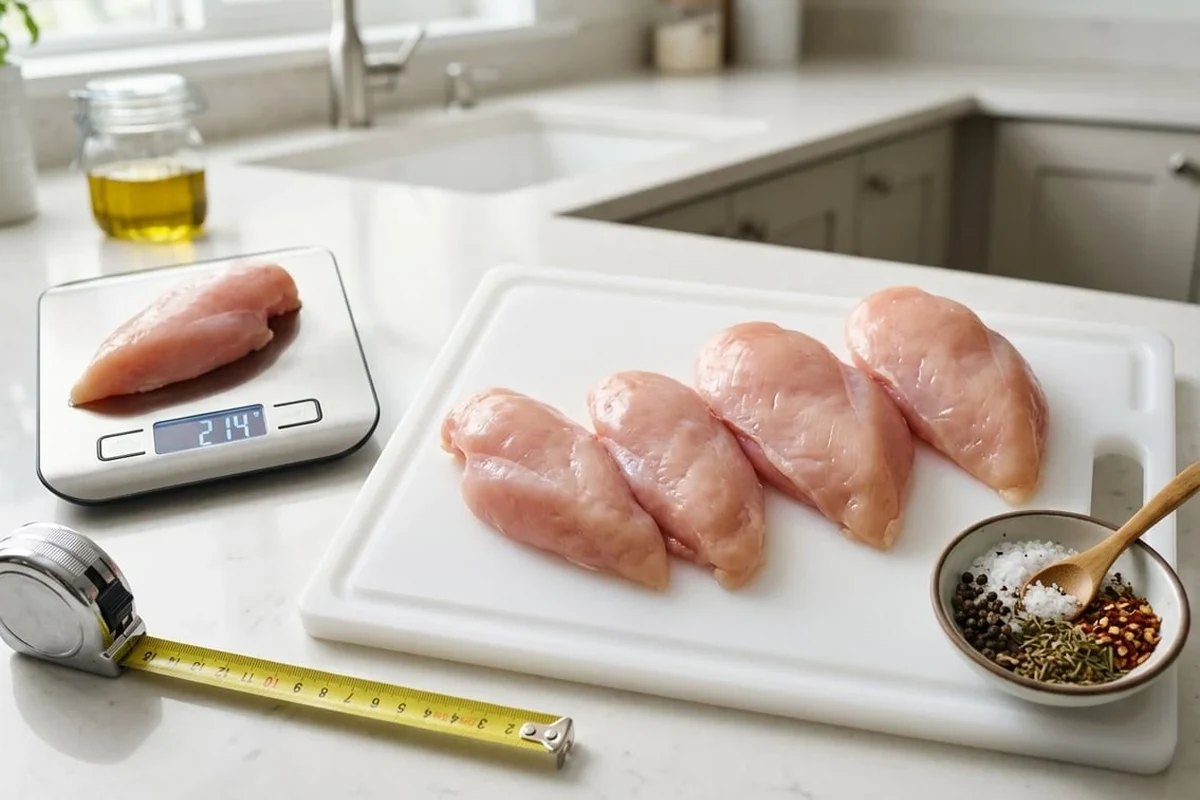 Raw chicken breasts being weighed on a kitchen scale before preparation.
