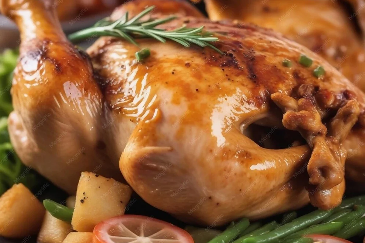 A seasoned raw chicken being prepared with spices and lime in a home kitchen.