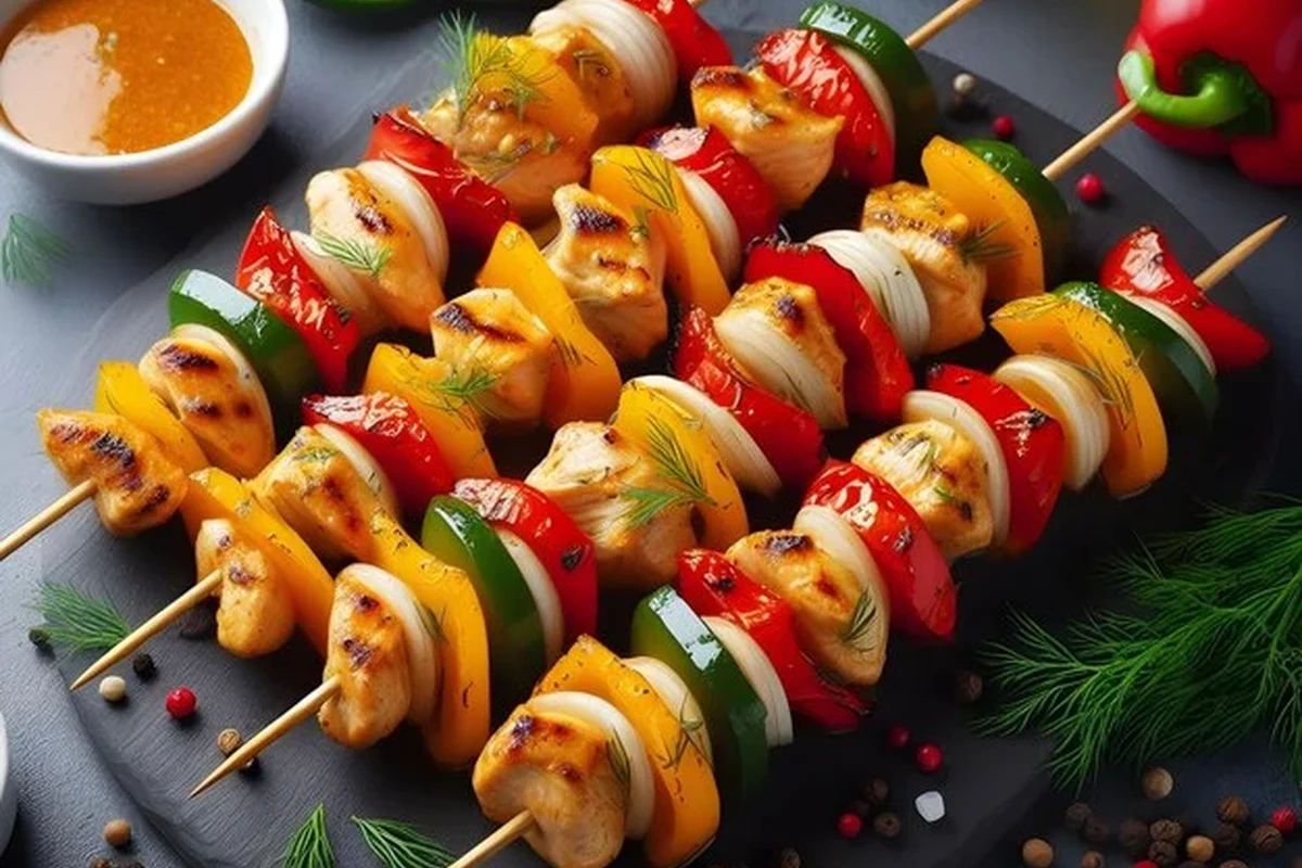 A vibrant display of grilled chicken en brochette skewers with colorful bell peppers and onions on a wooden platter.