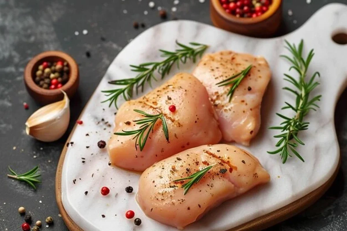 Fresh raw chicken fillet breasts prepped for cooking on a wooden cutting board with lime and herbs.