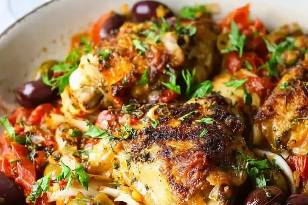 A skillet of golden-brown chicken simmering in a rich tomato sauce with fresh basil and melted mozzarella cheese.