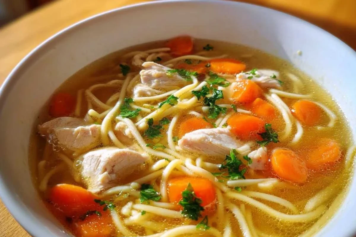 A large pot of golden homemade chicken noodle soup with a whole chicken, fresh herbs, and vegetables on a wooden table.